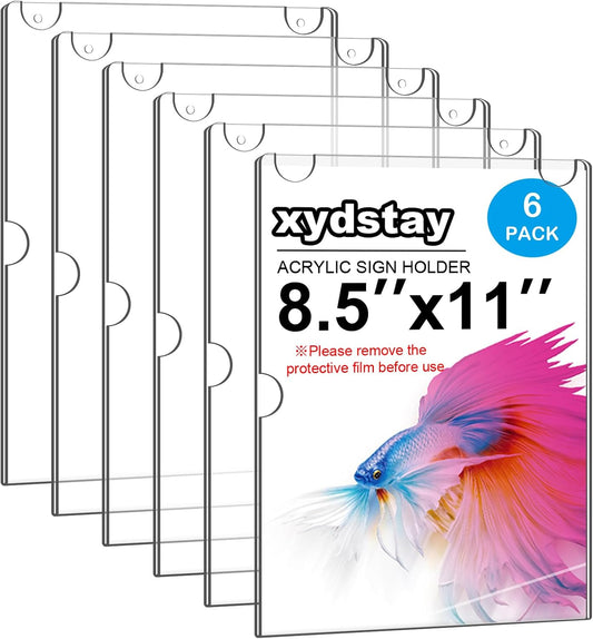 6pack Acrylic Wall Sign Holder with Serews&Tape,8.5 X 11 Wall Mount Clear Plastic Sign Holder,Memo Document Menu Holder for Restaurant, Office, School, Store and Home Use,Support No Drilling