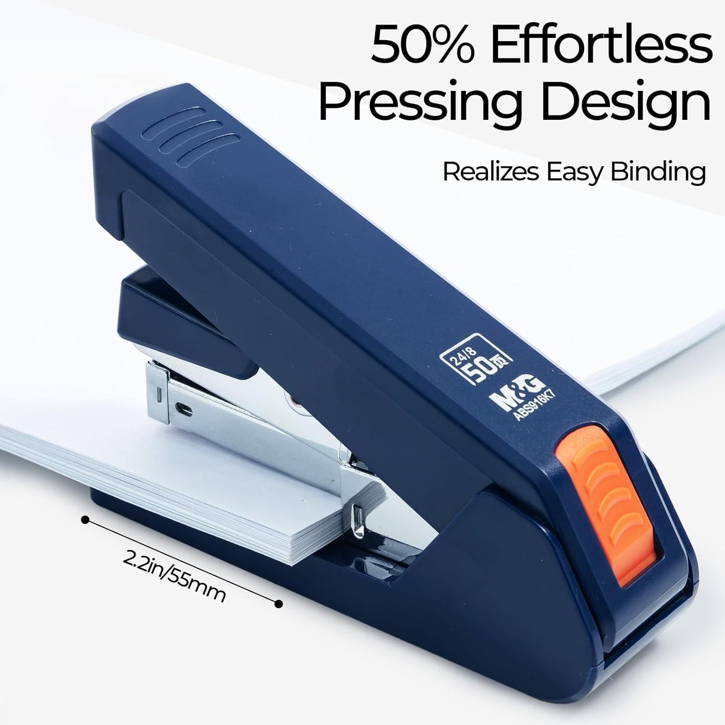 M&G Effortless Stapler 50 Sheet Capacity One-Touch Stapling, Heavy Duty Desktop Stapler Includes 1000 Staples and Remover, Portable Handheld Staplers for Home & Office (Dark Blue)