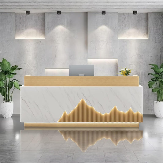 Reception Desk Modern Front Office Desk Reception Counter Receptionist Room Tables with Lock Drawer Checkout Cashier Counter for Lobby Beauty Salon, No Assembly Required White and Wood 94inch