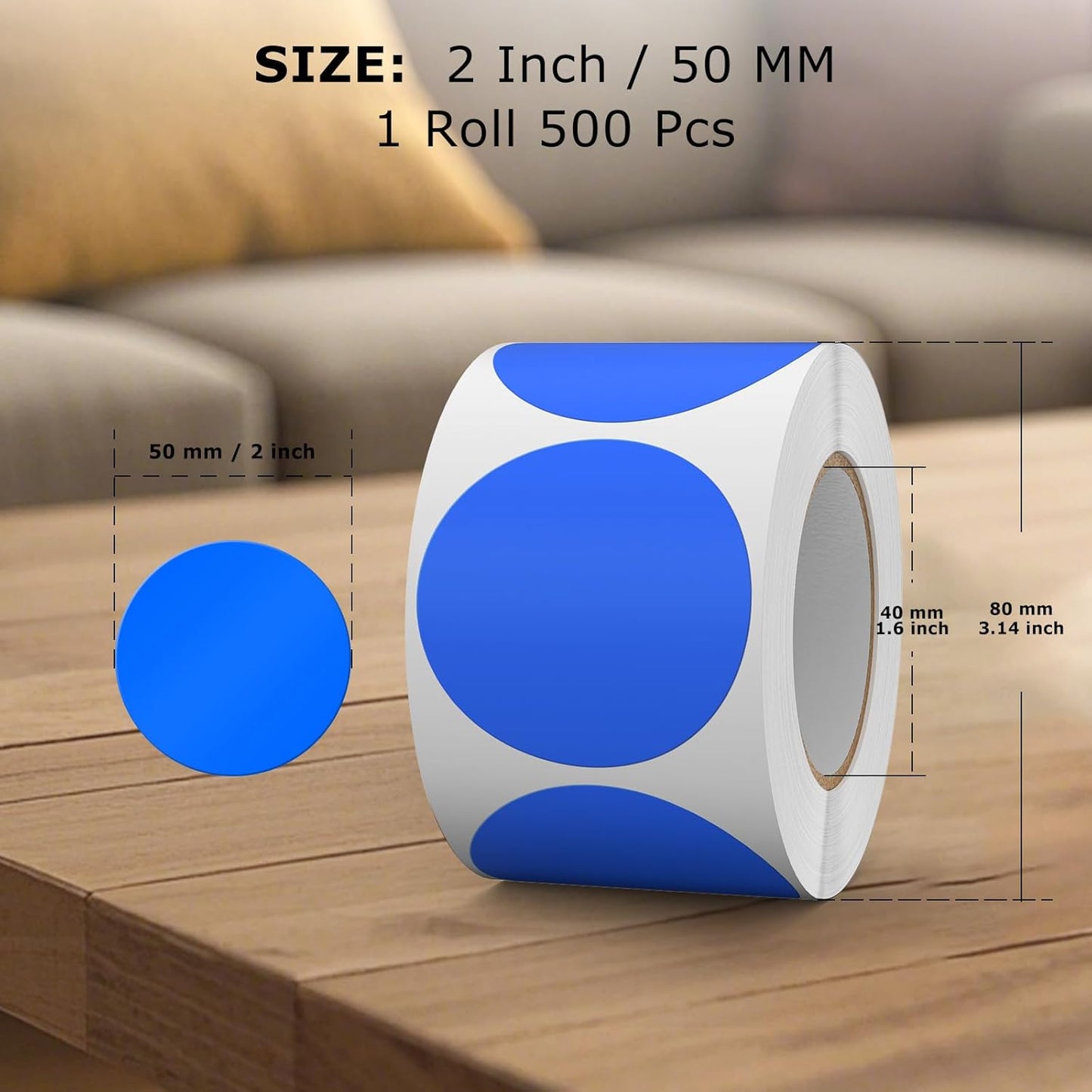 500 PCS Color Coding Round Stickers 2 Inch Vinyl Blue Dot Sticker Removable Writable Circle Labels for Office Inventory Garage Yard Sale Tag
