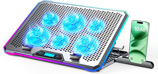 Aluminum Alloy RGB Gaming Laptop Cooler with 6 Fans and LCD Screen - 10 RGB Modes Memory Function, 4 USB Ports 3.0 and 2.0 Hub, 9 Height Adjustable for 10 to 21 Inch Laptops on Desk or Lap