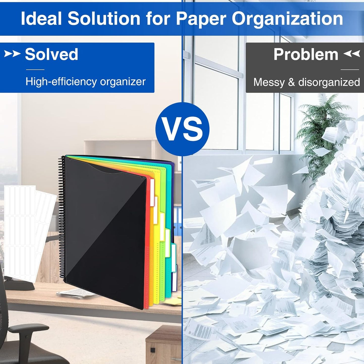 12 Pocket Project Organizer, Forvencer 1/6-cut Tab Binder Organizer with Sticky Labels, Multi Pocket Folder with Zipper Pouch, Folder Binder Spiral Pocket Notebook, Office Supplies, Letter Size, Black