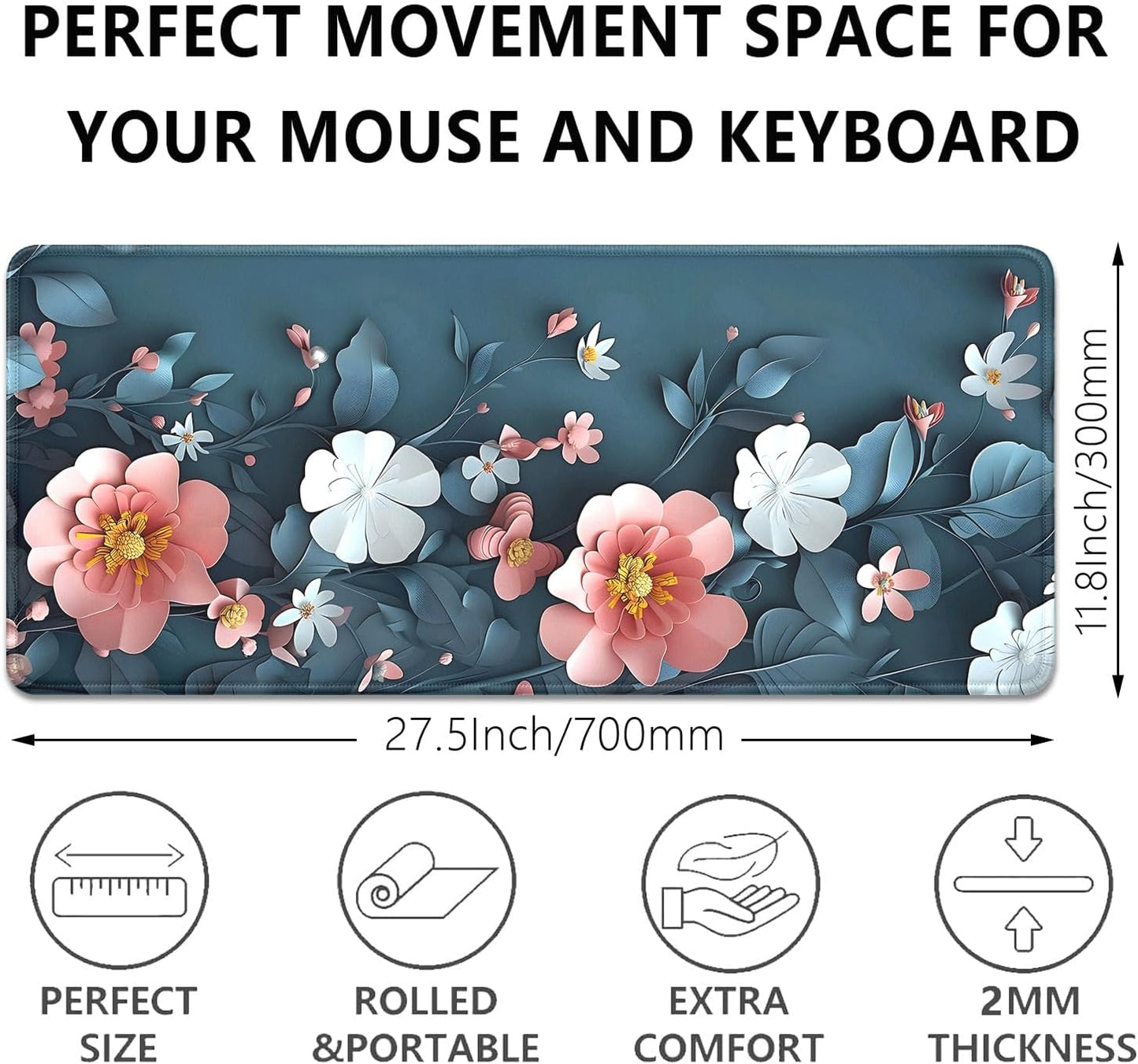 Blue Art Flowers Mouse Pad,Extended Abstract Floral Mousepad Desk Pad with Stitched Edges,Non-Slip Waterproof Rubber Base Mouse Mat for Office Computer Keyboard Laptop Home(27.5x11.8 in)