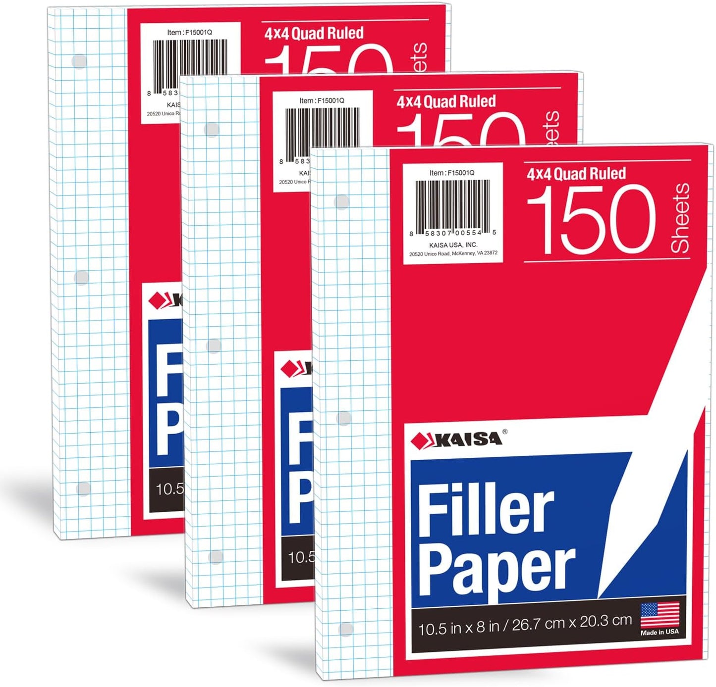 KAISA Graph Paper Filler Paper, 8"x10.5" 4x4 Graph/Quad Rule Filler Paper 3-Hole Punched 1/4inch Grid Paper Loose-Leaf Paper for 3-Ring Binders,150sheet/pack, 3pack F15001Q
