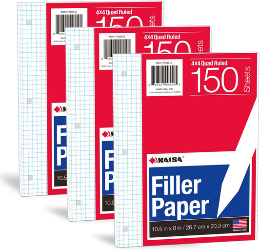 KAISA Graph Paper Filler Paper, 8"x10.5" 4x4 Graph/Quad Rule Filler Paper 3-Hole Punched 1/4inch Grid Paper Loose-Leaf Paper for 3-Ring Binders,150sheet/pack, 3pack F15001Q