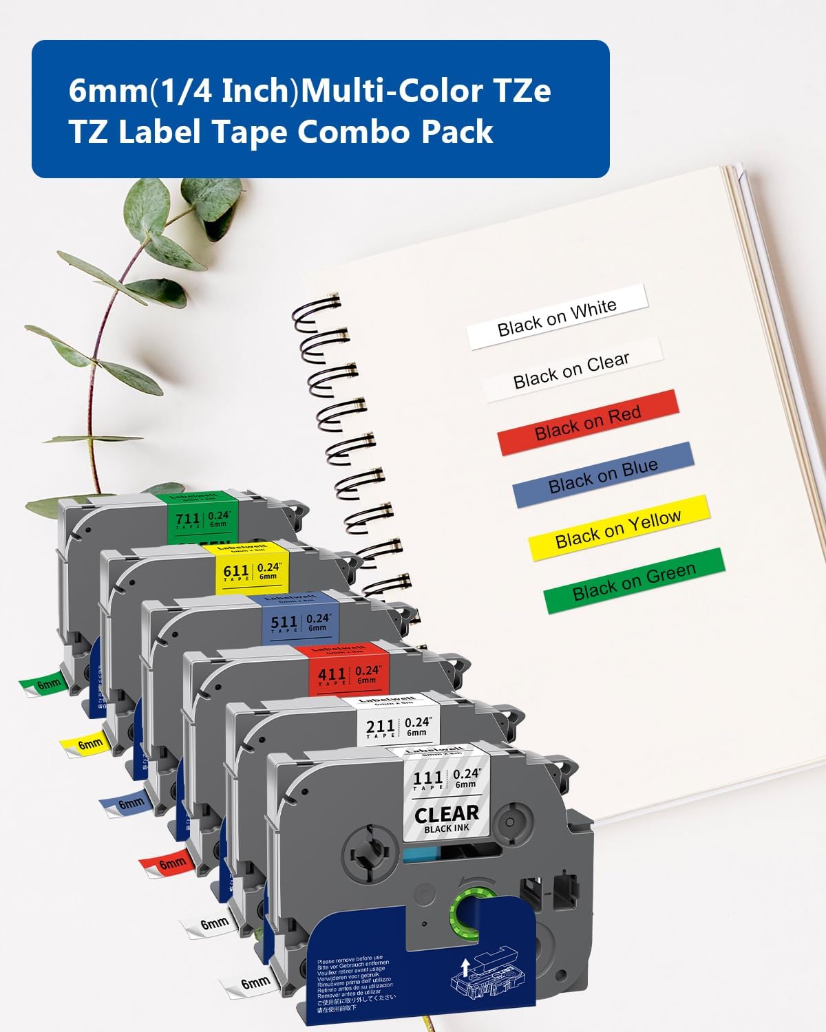 6-Pack TZe TZ Tape 6mm 0.23 Inch Laminated Multi Color Compatible for P Touch Label Tape TZe-211 111 411 511 611 for PTouch PT-H110 D210 D220 D400, Clear/White/Red/Blue/Yellow/Green