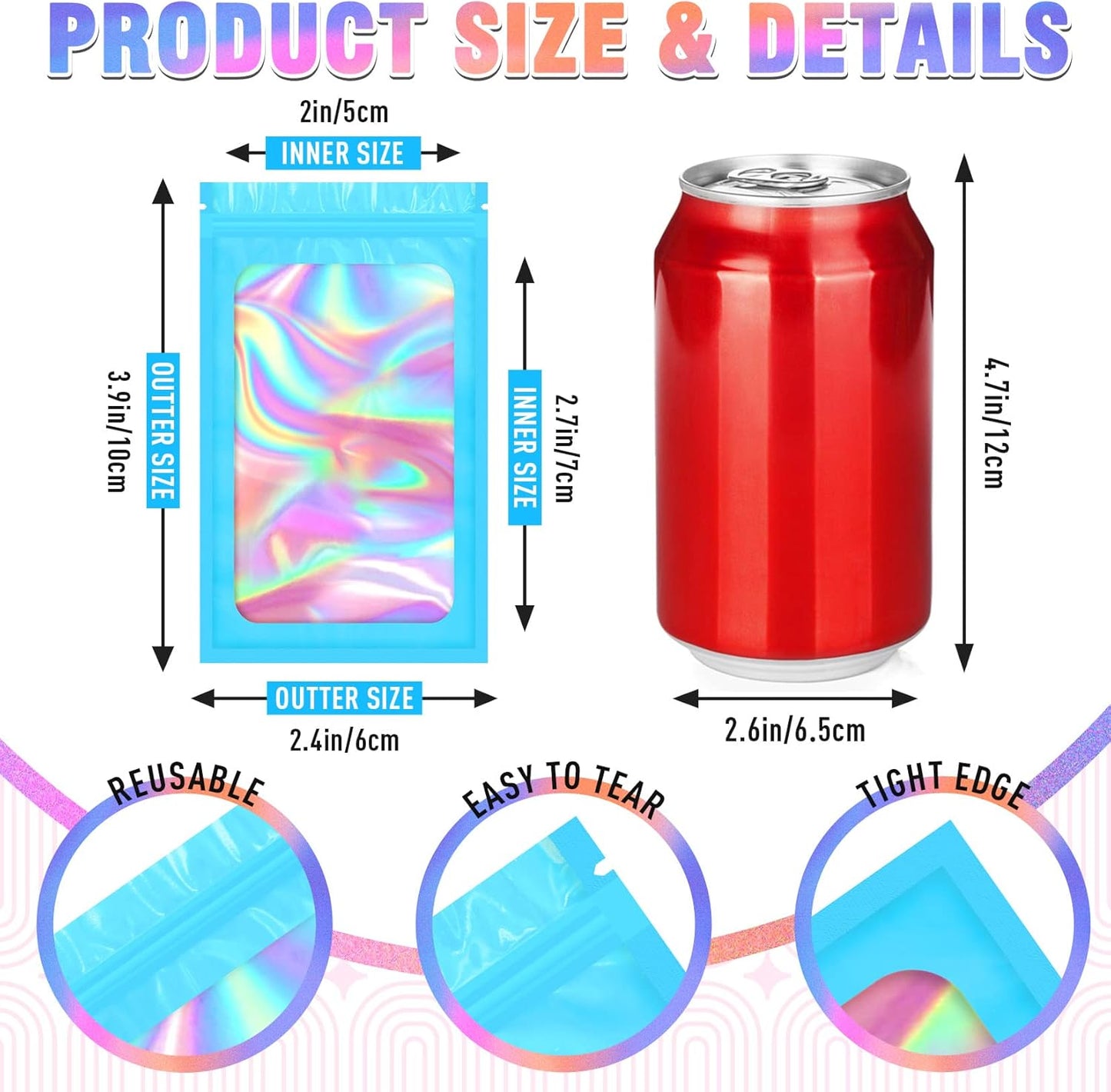 Holographic Bags, 100 PCS Packaging Bags, Resealable Bag for Small Business, Candy, Gift (2.4x3.9 Inch)