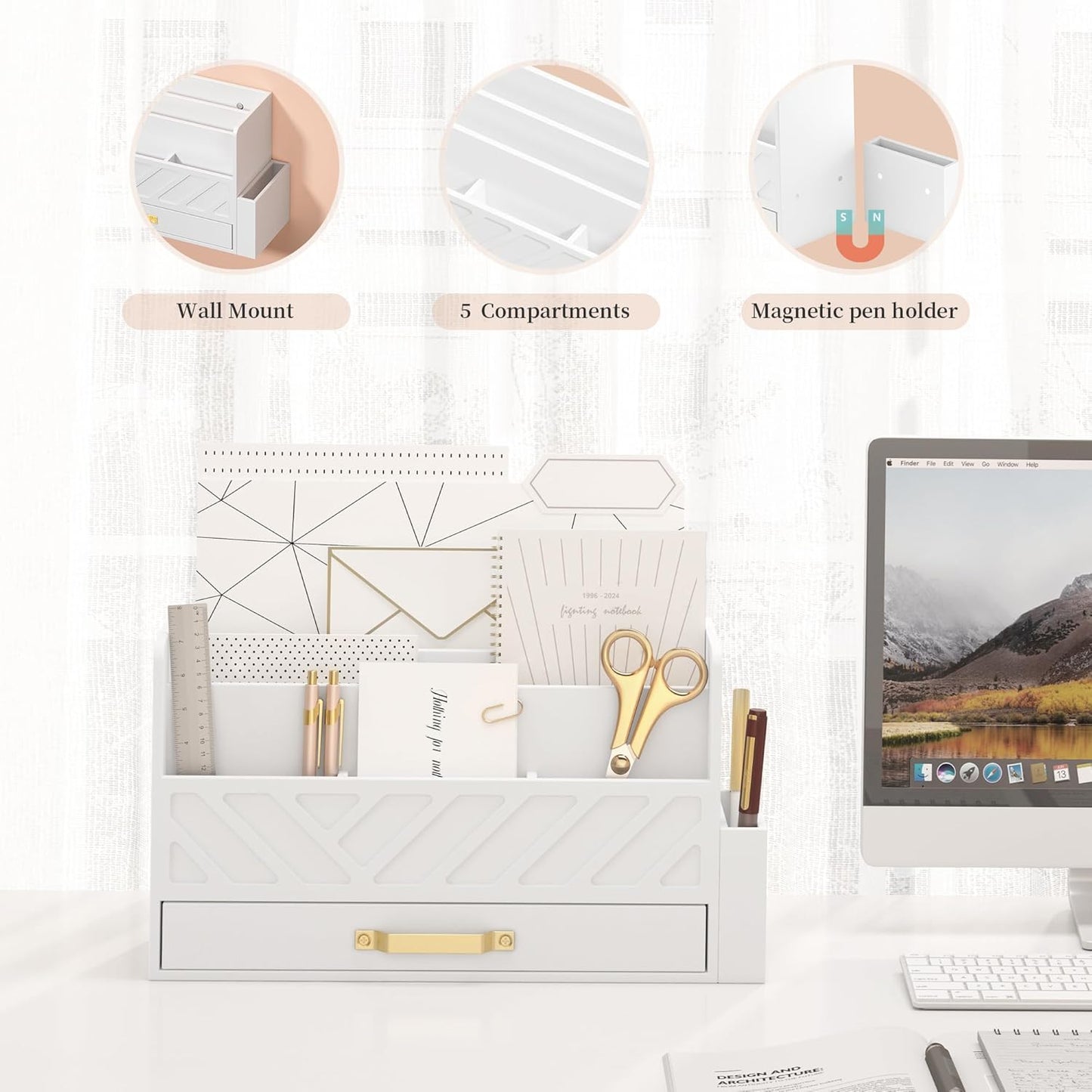 Bamboo Desk Organizer Mail Holder Countertop Wood Desk Drawer Tabletop Storage Box Pen Holder Letter Sorter Makeup Organizer for School Home Office Supplies with Pen Holder White