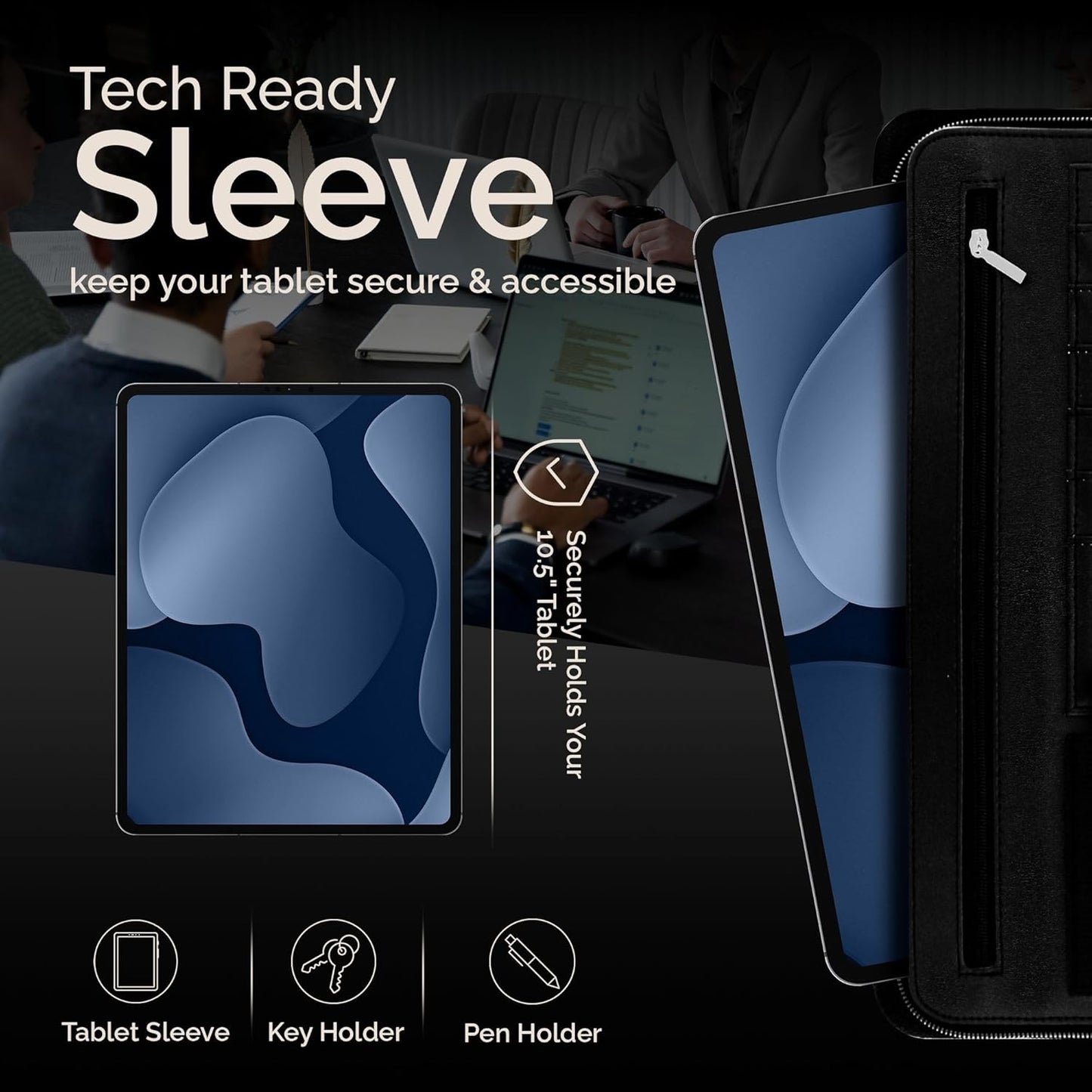 Black Zippered Leather Portfolio Binder - PU Leather Business Portfolio Organizer - Padfolio for Men & Women with US Letter Notepad, 10.5 Inch Tablet Pocket & Gift Box by Lautus Designs