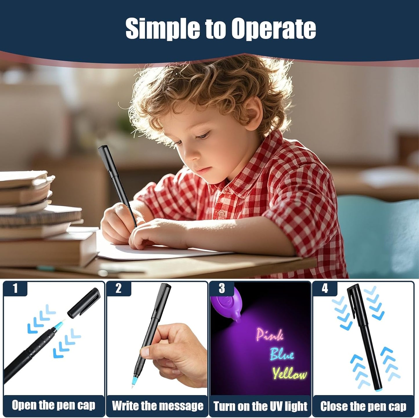 Invisible Ink Pens with UV Light, Magic Spy Pens with Mini UV LED Keychain Flashlights for Secret Messages, Disappearing Ink Pens with Black Light for Kids, Ideal (3PCS)