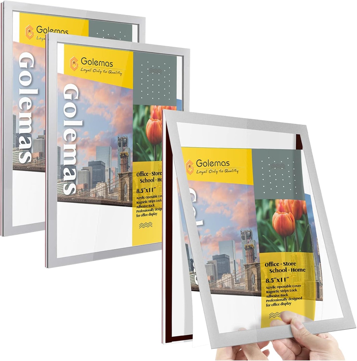 Acrylic Magnetic Sign Holder, Easy-Opening 8.5 x 11 Wall Mount Display Frames, Self Adhesive Back Plastic Clear Document Frame, Horizontal & Vertical Display (Silver, 3Pack)