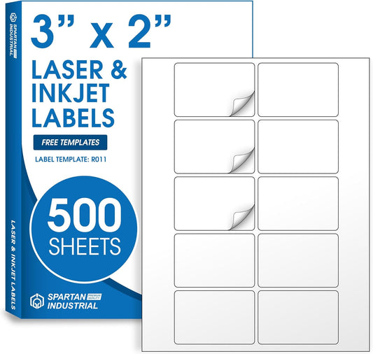 3" X 2" Matte White Shipping Labels Compatible with Inkjet and Laser Printers - 500 Sheets, 5000 Total Paper Stickers for Mailing, Product Labeling, and Organization - Spartan Industrial