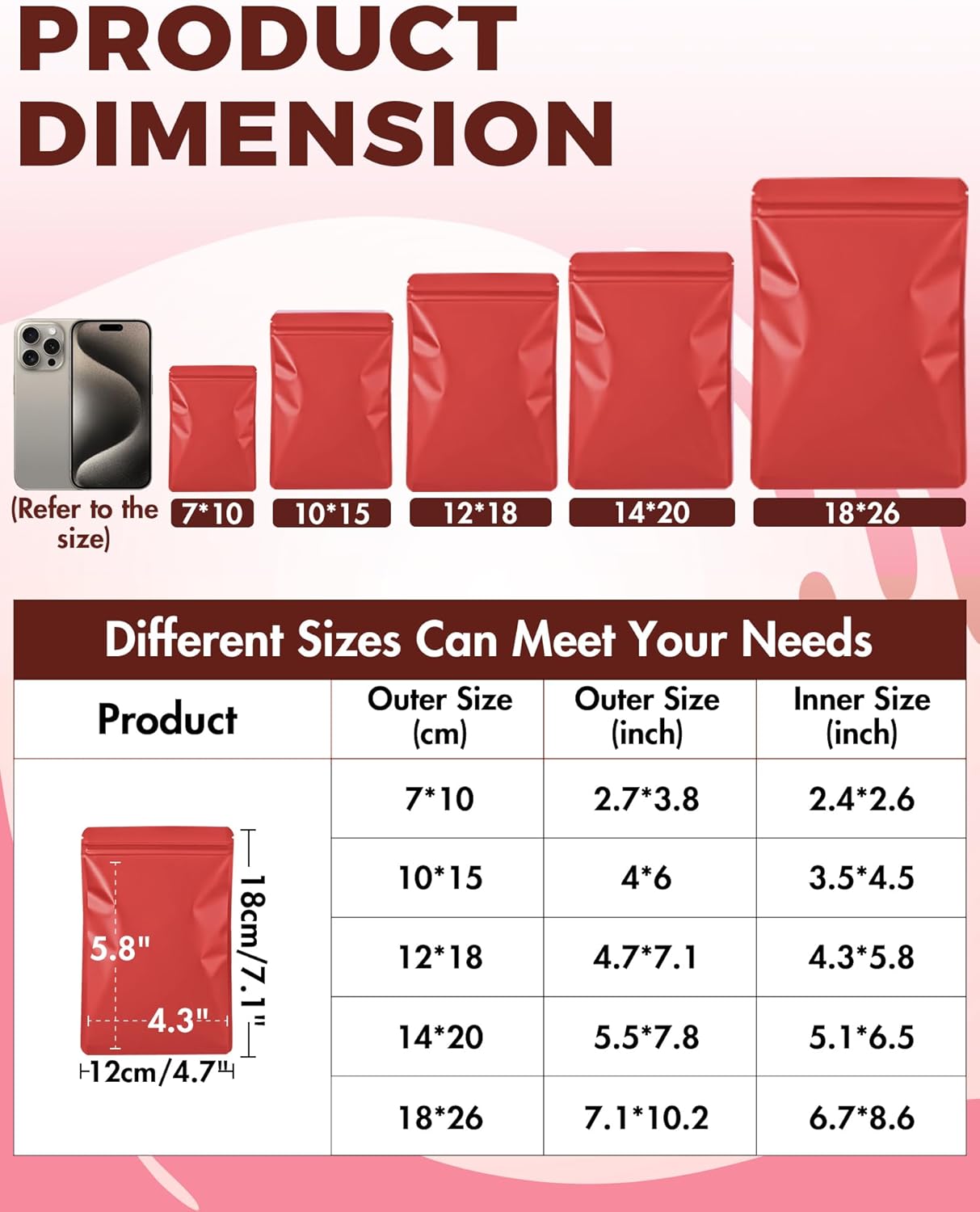 100 Pack Resealable Packaging Bags for Small Business Double-Sided Color Smell Proof Bag for Food Storage Flat Bags (Red, 4.7" x 7.1")