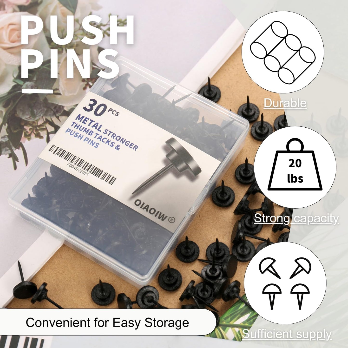 30 PCS Metal Black Push Pins for Wall Clear Thumb Tacks for Walls Flat thumbtacks Push pin for Bulletin Board Shadow Box Display Thumbtack for Cork Board