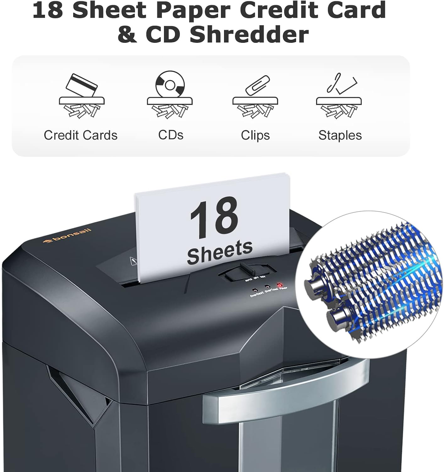 Bonsaii Paper Shredder, 18-Sheet 60-Minutes Shredder for Office Heavy Duty Cross-Cut Shredder with 6 Gallon Pullout Basket 4 Casters(C149-C)