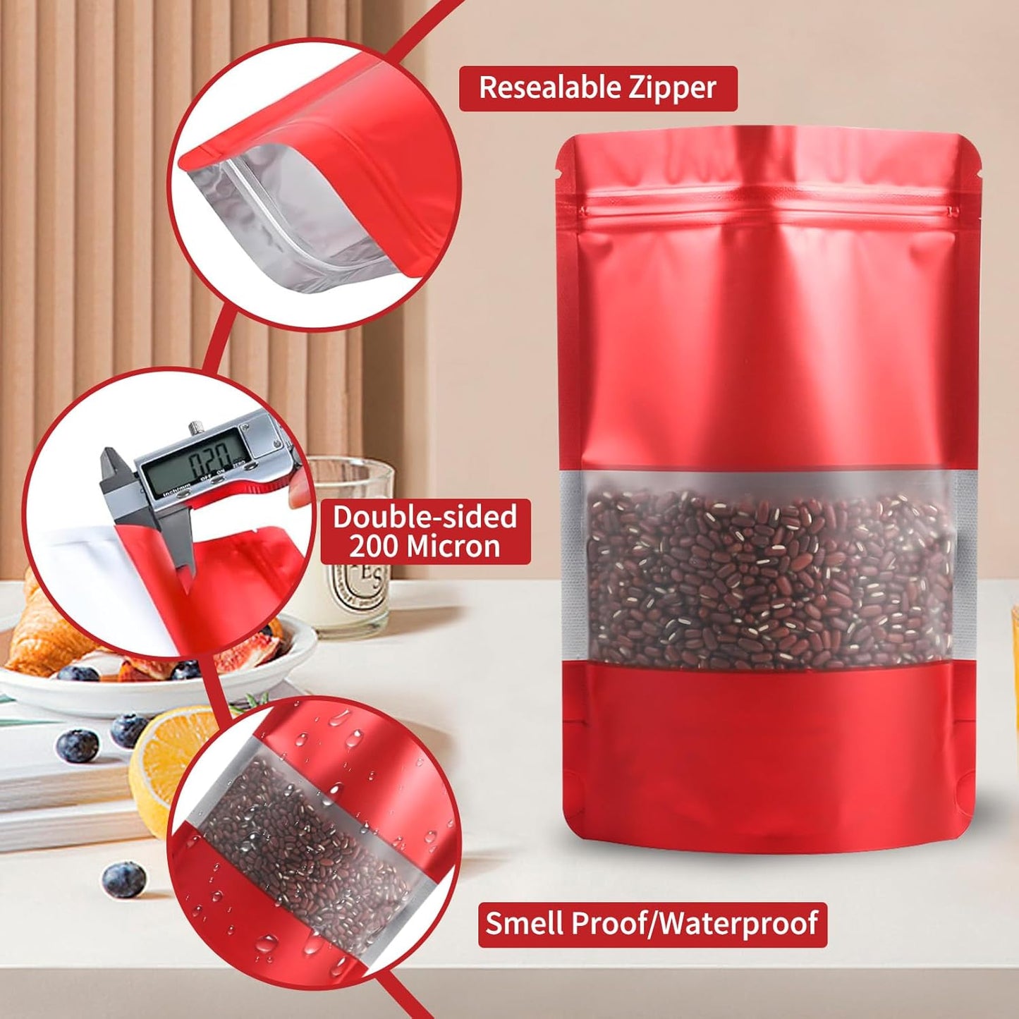 100 Pack Smell Proof Bags, Resealable Red Mylar Bags with Matte Window, Foil Pouch Stand Up Sealable Bags for Packaging, 6.29 × 9.44 Inch