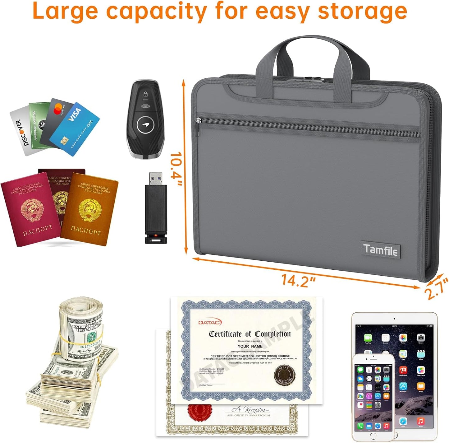 5200℉ Fireproof Accordion File Organizer with Lock, Thickened Document Organizer 13 Pocket with Zipper & Labels, Important Document Organizer, Expanding File Folder with Handle for Letter A4 (Grey)