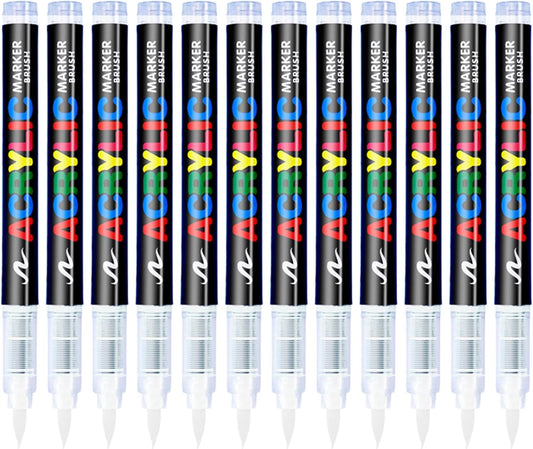 Acrylic Paint Pens, Soft Brush Tip Markers, Ideal for Canvas, Rock, Wood, Stone, Glass, Ceramic, Fabric Painting, DIY Crafts (12 Pcs White)