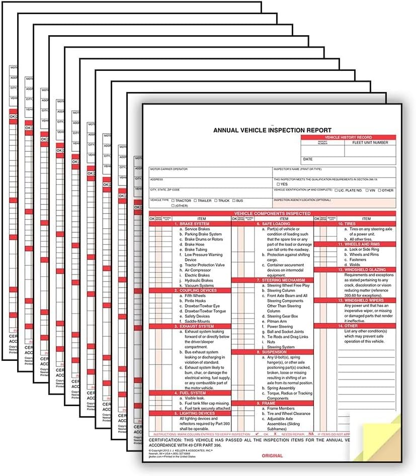 J. J. Keller 10-Pack, Annual Vehicle Inspection Report Forms, 3-Ply Carbonless Form, DOT Compliant