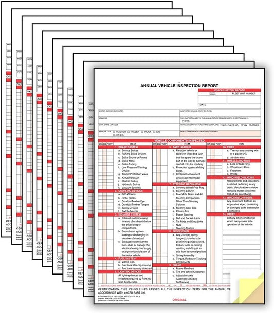 J. J. Keller 10-Pack, Annual Vehicle Inspection Report Forms, 3-Ply Carbonless Form, DOT Compliant