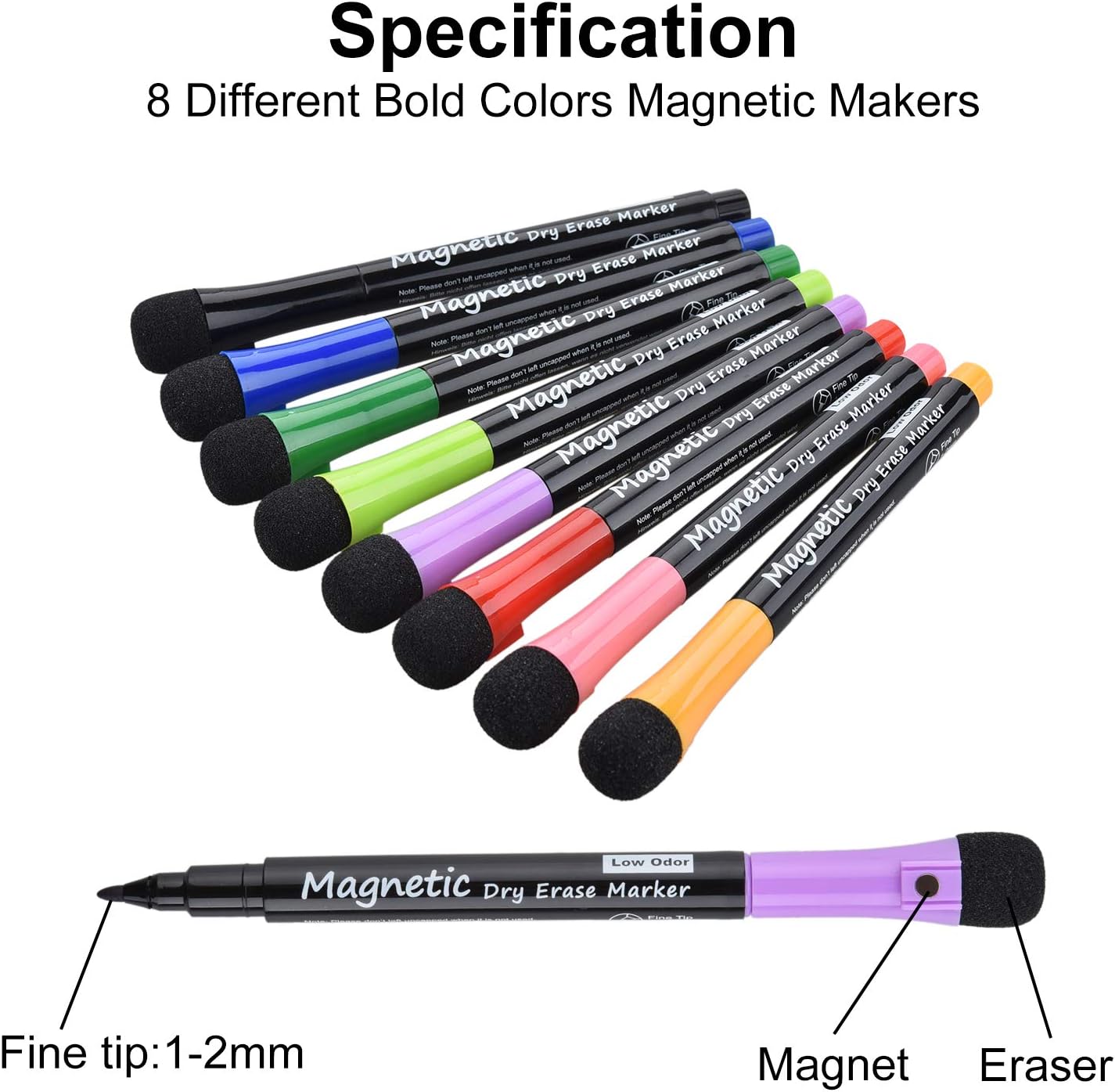 16 Pack Magnetic Dry Erase Markers - Fine Tip (8 Colors) Low Odor Whiteboard Markers for Kids & School, for Whiteboard, Calendar, Refrigerator