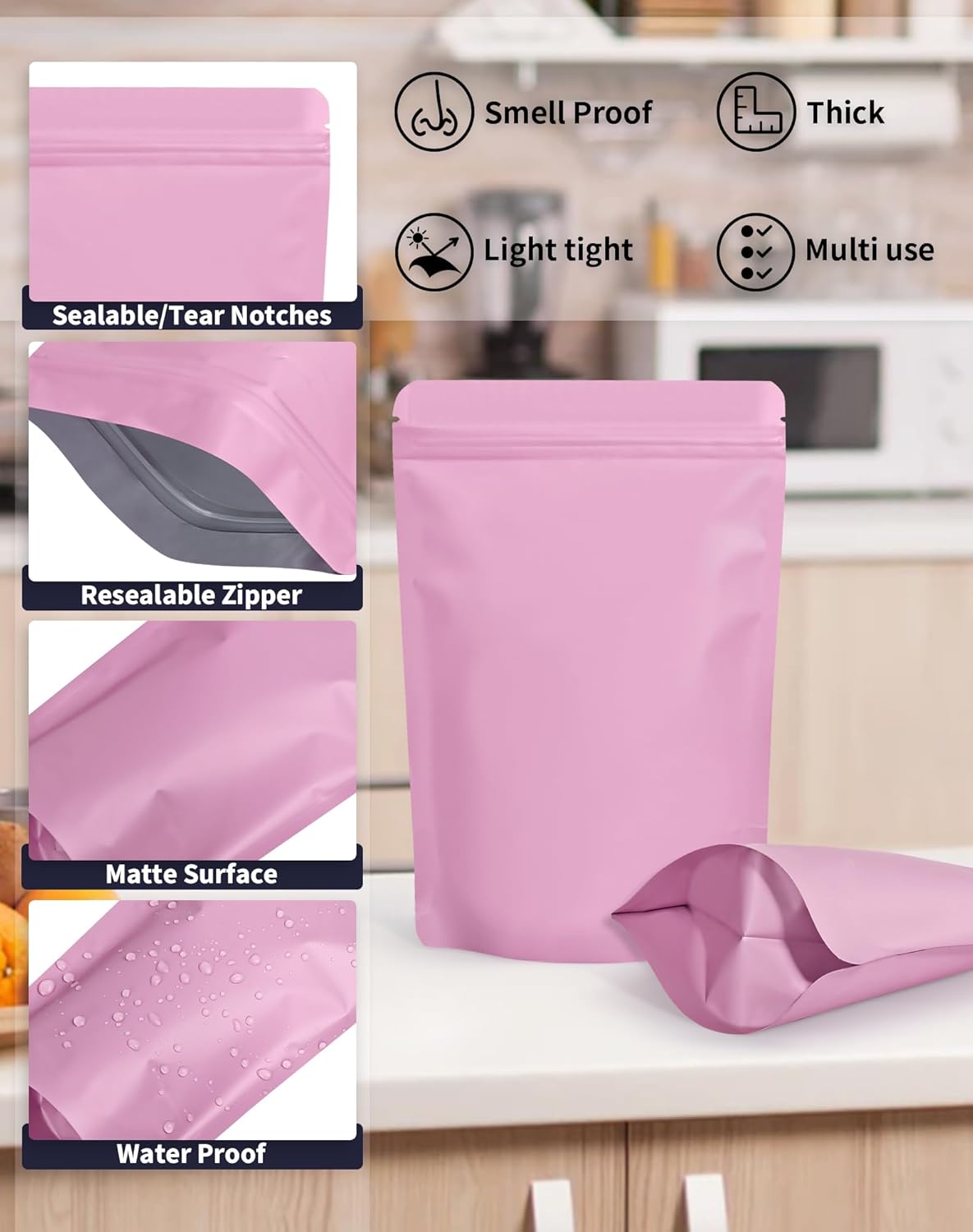 100 Pack Resealable Stand Up Bags,6.3" x 9.4" Smell Proof Pouch Sealable Foil Pouch Bags for Packaging (Pink)