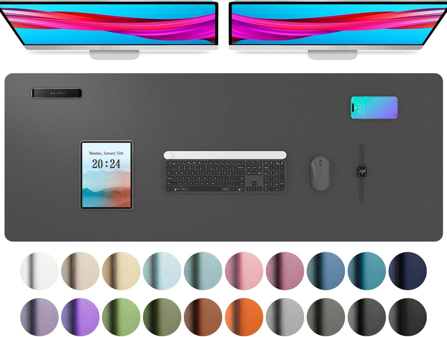 Aothia Leather Desk Pad Protector, Mouse Pad, Office Desk Mat, Non-Slip PU Leather Desk Blotter, Laptop Desk Pad, Waterproof Desk Writing Pad for Office and Home (48"x17", Gray)