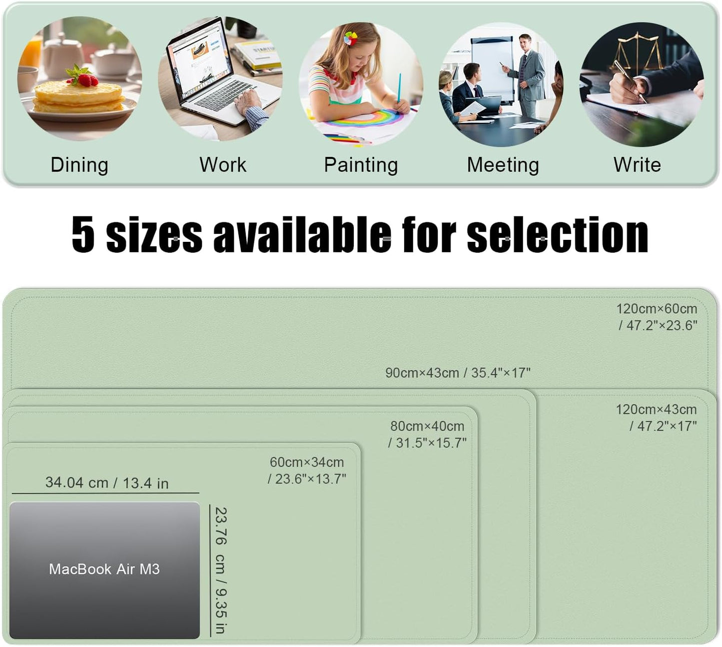 BLESWIN Large Desk Pad Mat 47.2"" x 17"", Office Desk Mat, Non-Slip PU Leather & Cork Desk Blotter for Keyboard and Mouse, Large Desk Mat, Large Mouse Pad for Office & Home(Light Green)