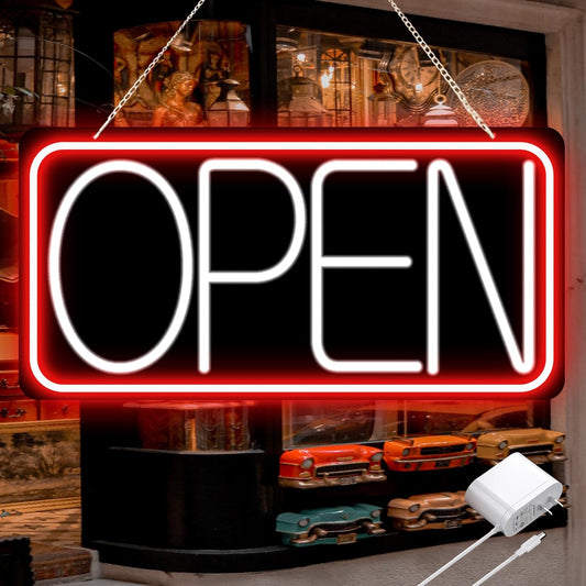 22" X 11" Led Neon Open Signs for Business Ultra Bright Plug In Electric Light Up Large Open Signs with ON/OFF Switch and 12V/2A AC Adapter for Storefront Window Bar Salon Coffee Stores (Red/White)