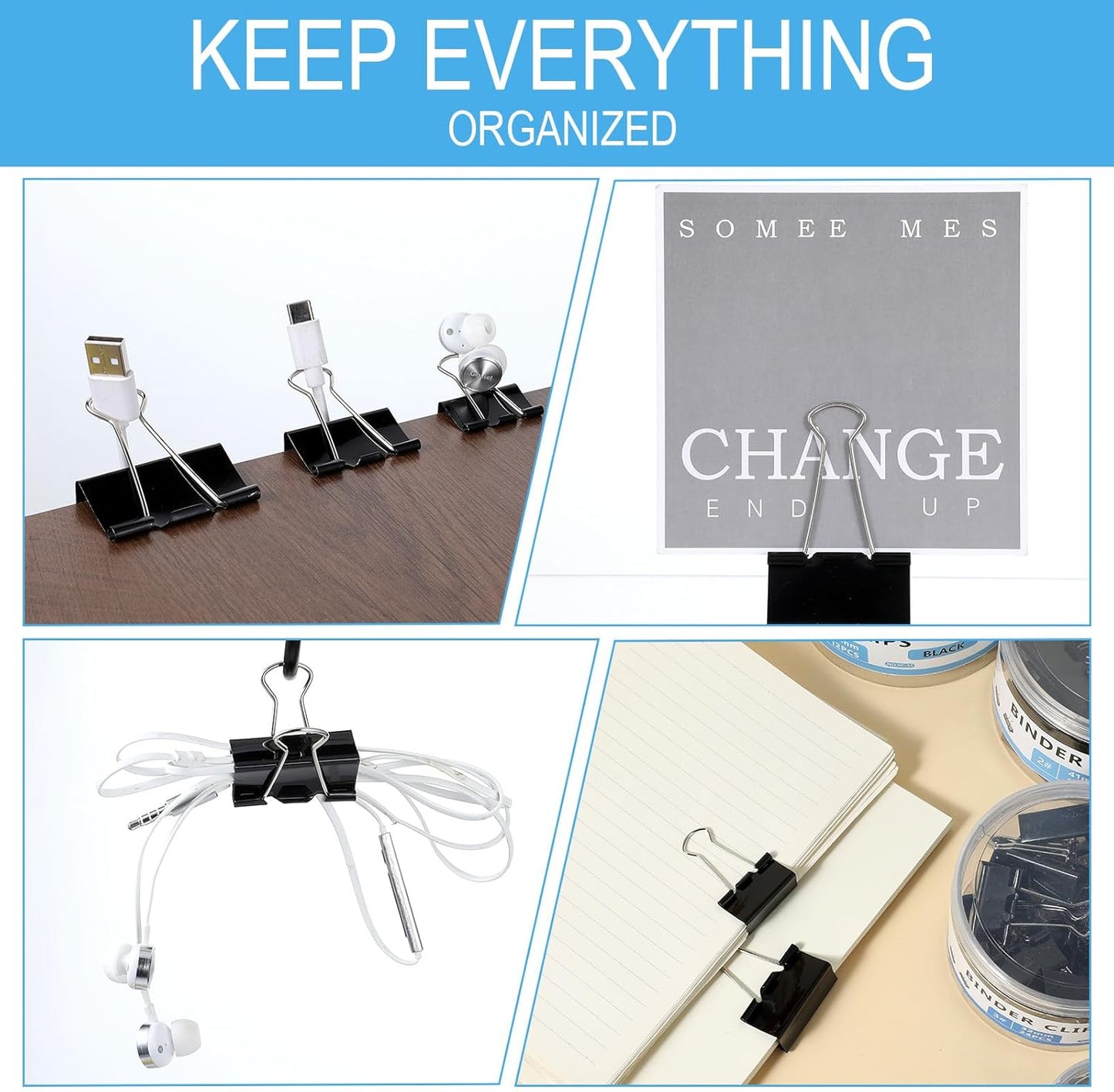 Binder Clips Assorted Sizes Including Extra Large Medium Small Mini and Micro, Office Supplies File Clamps Paper Clips, 6 Sizes in 6 Boxes, 208 PCS Metal Black Clamps for School