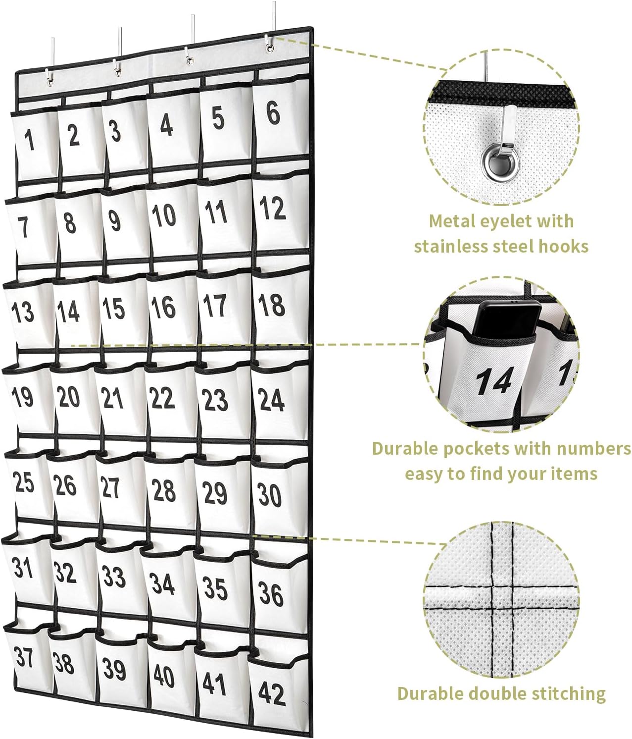 42 Pockets Numbered Classroom Pocket Chart for Cell Phones, Hanging Pocket Chart Storage for Classroom Phone Calculator Holder with 4 Hooks and 42 Clear Numbers Printing (White-42pockets)