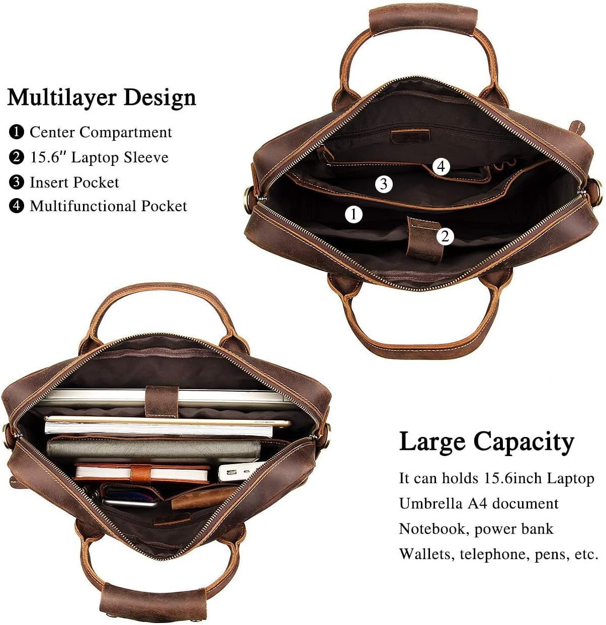 Augus Leather Laptop Briefcase for Men,Waterproof Travel Messenger Duffle Bags 15.6 Inch Laptop Bag