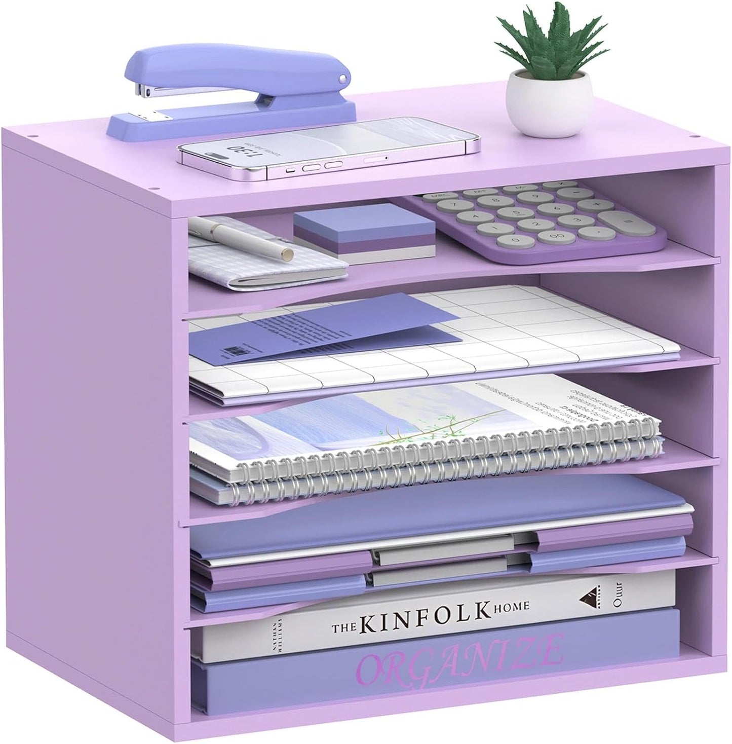 5-Tier Wood Desk Organizer, Paper Tray Organizer for Desk with Adjustable Storage Shelves, Desktop Paper Sorter Mail Holder for Office Home Classroom, Purple