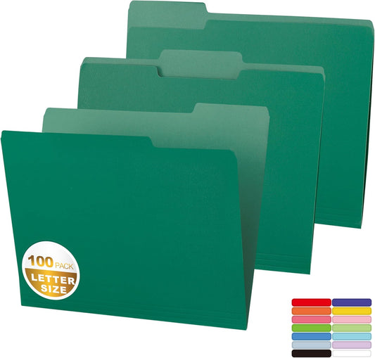 100 Packs Colored File Folders,Green File Folders,Two Tone Color File Folder 8.5 x 11 Inch,1/3 Cut Tabs Letter Size,Manila File Folders for Office,School and Home,Organization