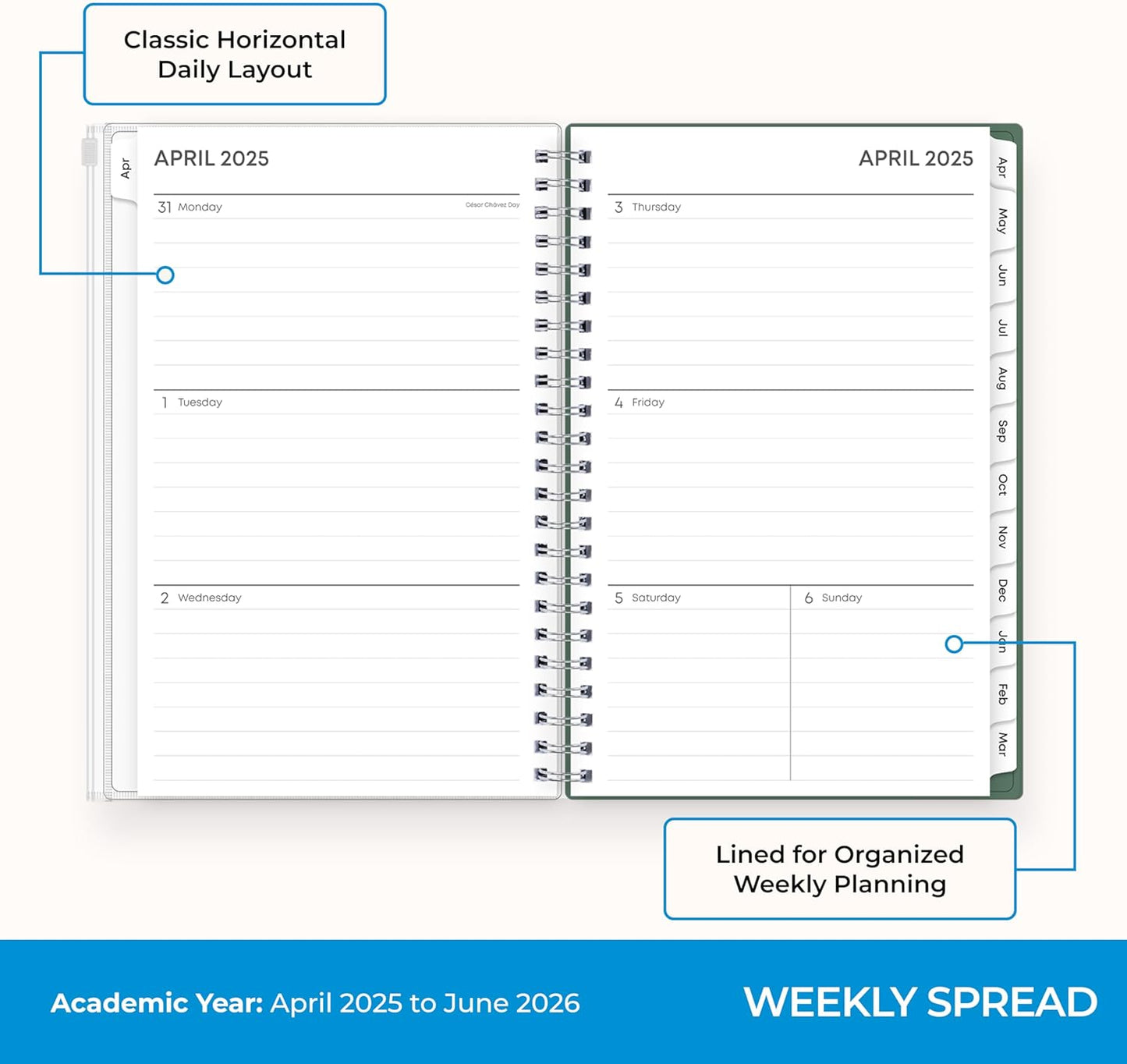 Blue Sky 2025-2026 Weekly and Monthly Academic Year 15 Month Planner Calendar, April 2025 - June 2026, 5" x 8", Flexible Cover With Zip Pouch, Wirebound, Storage Pocket, Seychelle