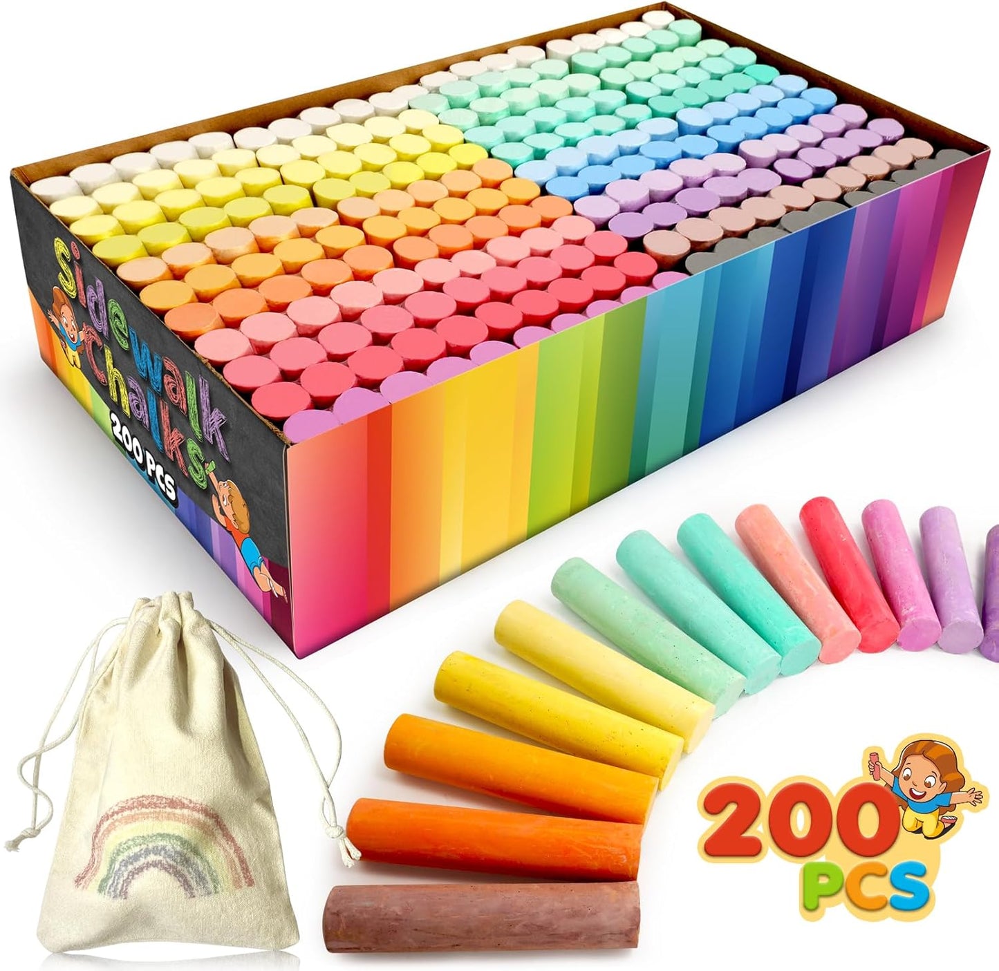 200PCS Washable Sidewalk Chalks Set in 20 Colors: Jumbo Drawing Chalk for Kids Outdoor Art, Non-Toxic Dustless Colored Giant Box Chalkboard Chalk for Toddler Painting on Blackboard, Playground, Party