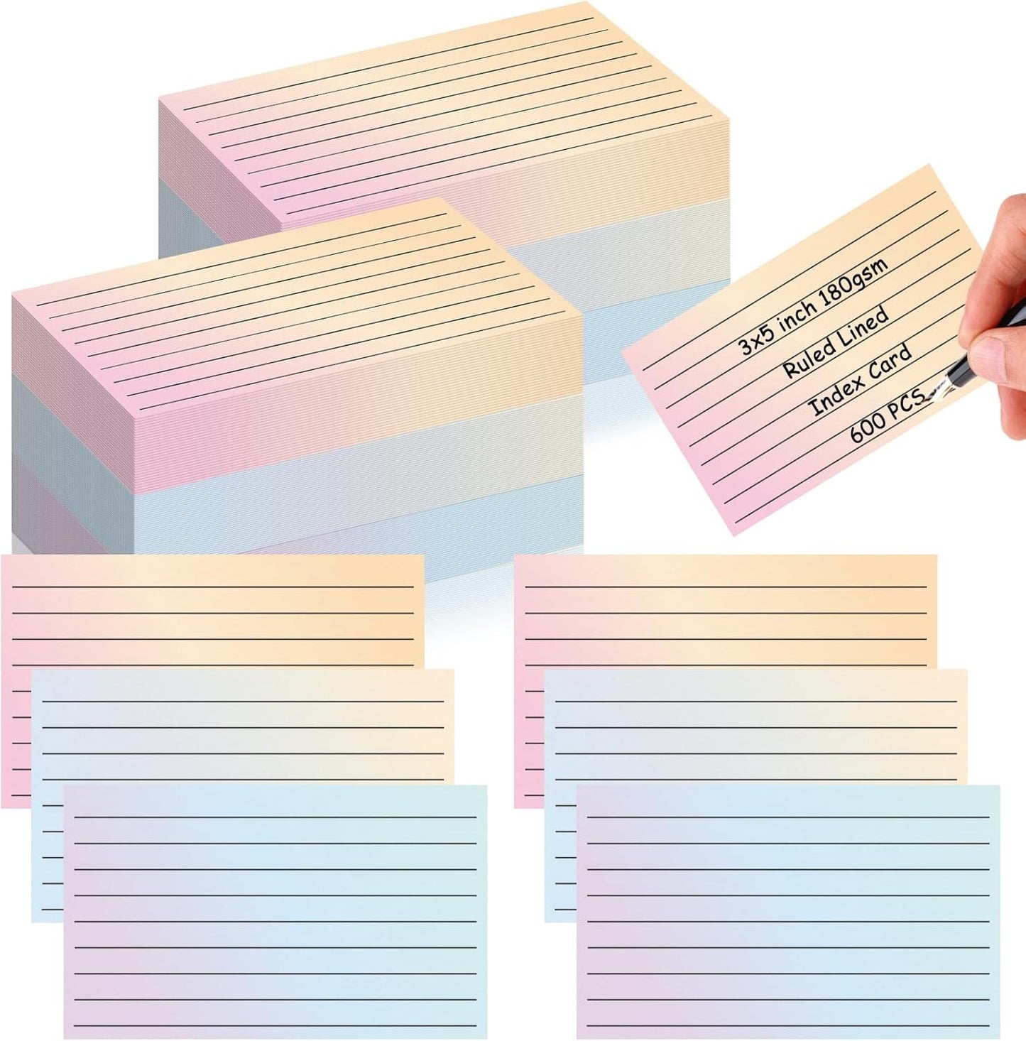 600 Pack Ruled Index Cards 3x5 Gradient Colored Index Cards Heavy Weight Note Cards 180gsm Flashcards Double Sided Notecards Lined Recipe Cards for Studying Drawing