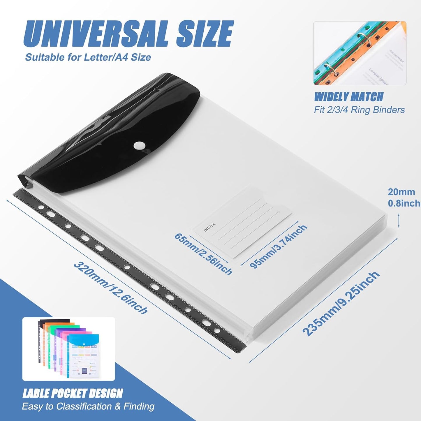 Binder Pocket Organizer Folders, 12 Pack Expandable Files Bag Plastic Envelopes Binder Folders with 11 Holes for 2/3/4 Ring Binder, Document Pouch with Snap Button and Label for School Office Home