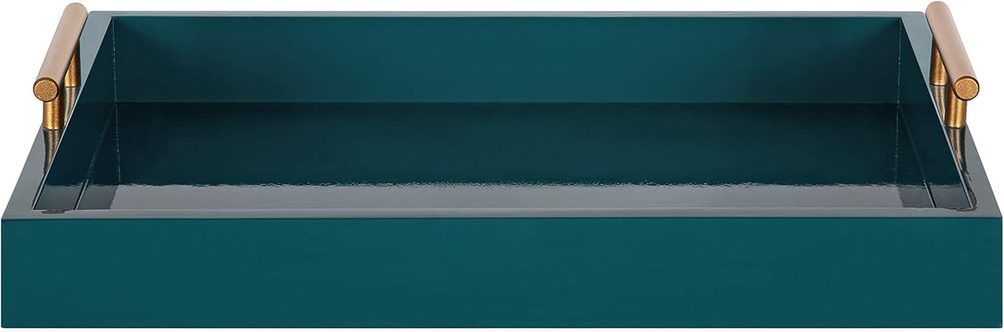 Kate and Laurel Lipton Mid Century Modern Decorative Wood Tray with Brushed Gold Metal Handles, Dark Teal