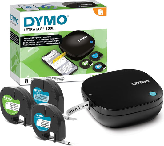DYMO LetraTag 200B Bluetooth Compact Label Maker Value Pack Wireless Connection to iOS and Android Includes 3 Assorted Label Tapes