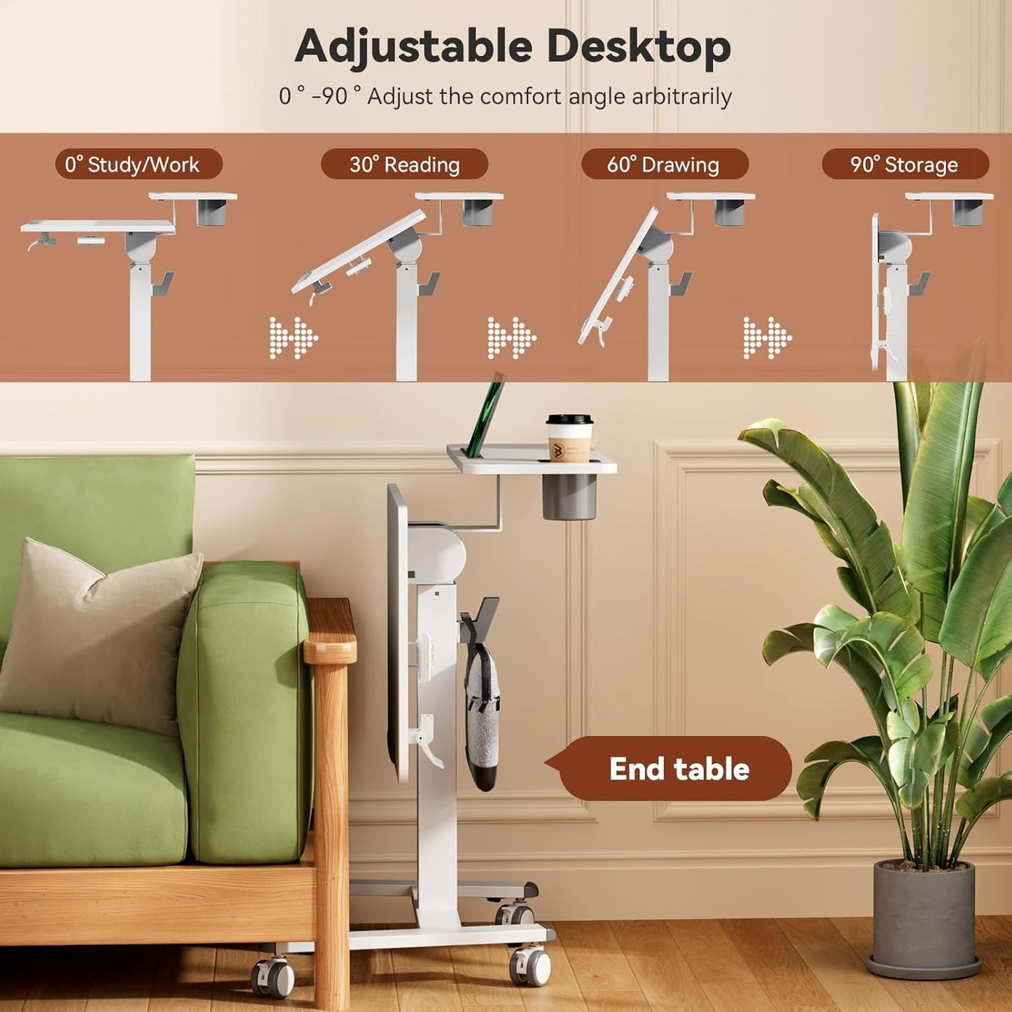 28Inch Mobile Standing Desk On Wheels， Rolling Laptop Stand with Tiltable Desktop， Small Computer Workstation Adjustable Height， 2-Tier Portable Study Table with Storage Shelves， White
