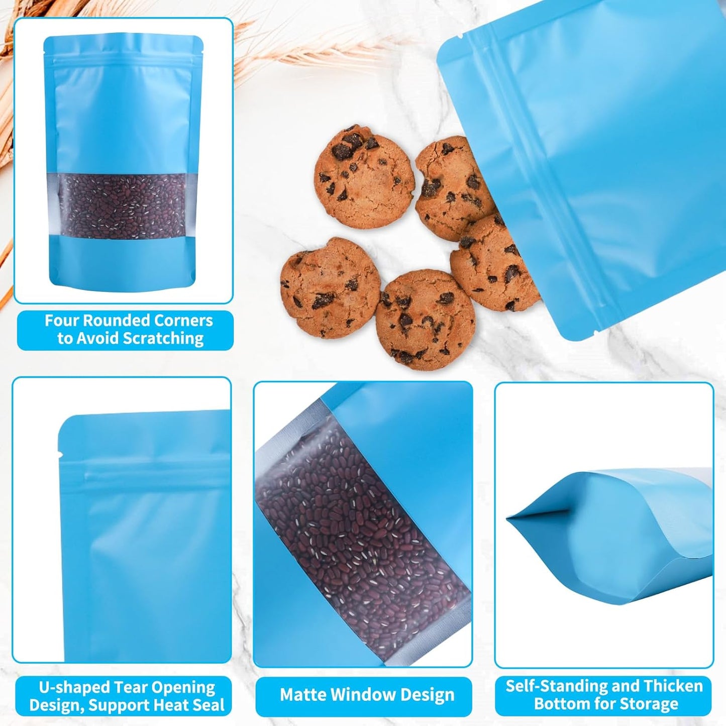 100 Pack Smell Proof Bags, Resealable Blue Mylar Bags with Matte Window, Foil Pouch Stand Up Sealable Bags for Packaging, 5.9 × 8.66 Inch