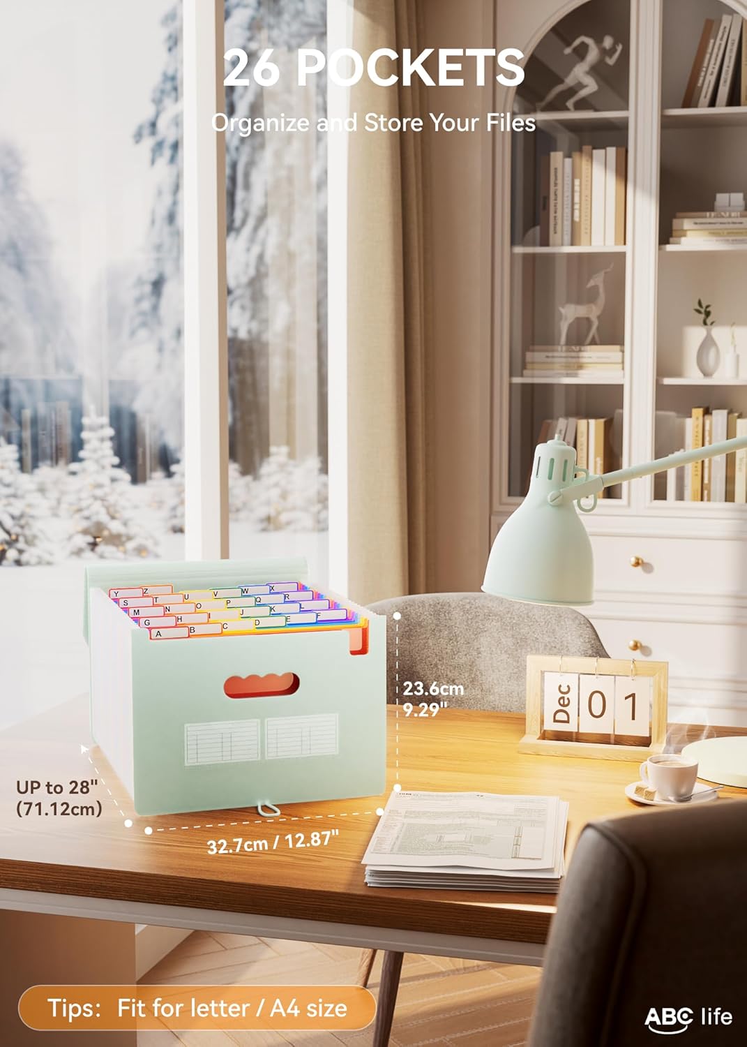 ABC life 26 Pockets Accordion File Organizer, Expanding File Folder, Portable Monthly Paper Bill Tax Receipt Organizer, Letter A4 Size Document Organizer with Blank Labels - Sage Green