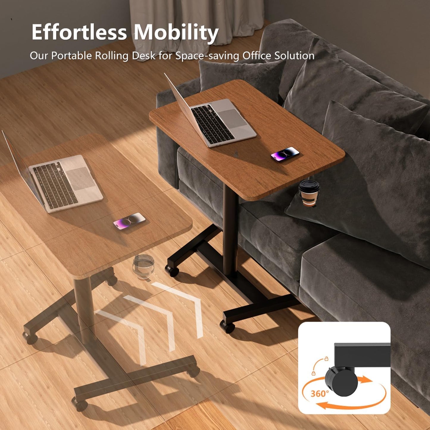 28-Inch Mobile Standing Desk Adjustable Height with Cup Holder, Portable Standing Desk with Lockable Wheels, Rolling Table for Home Office Classroom Hospital (Walnut)