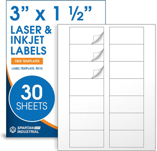 3" X 1.5" Matte White Printable Labels Compatible with Inkjet and Laser Printers - 30 Sheets, 420 Total Stickers for Bottles, Product Labeling, Mailing - Spartan Industrial