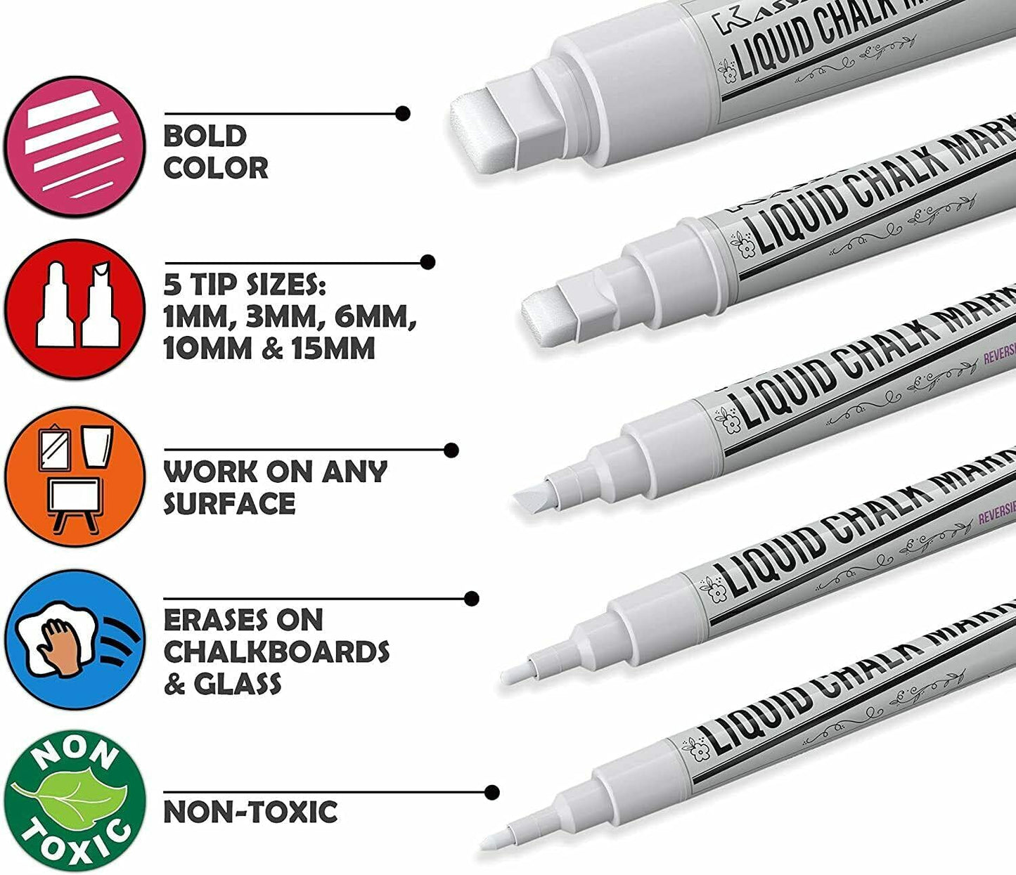 Kassa 5-Pack White Chalk Markers | Includes 1mm, 3mm, 6mm, 10mm & 15mm Tips | Works on Chalkboards, Windows & Glass | Erasable, Dust-Free & Washable | Ideal for Use at Home, School, Office & More
