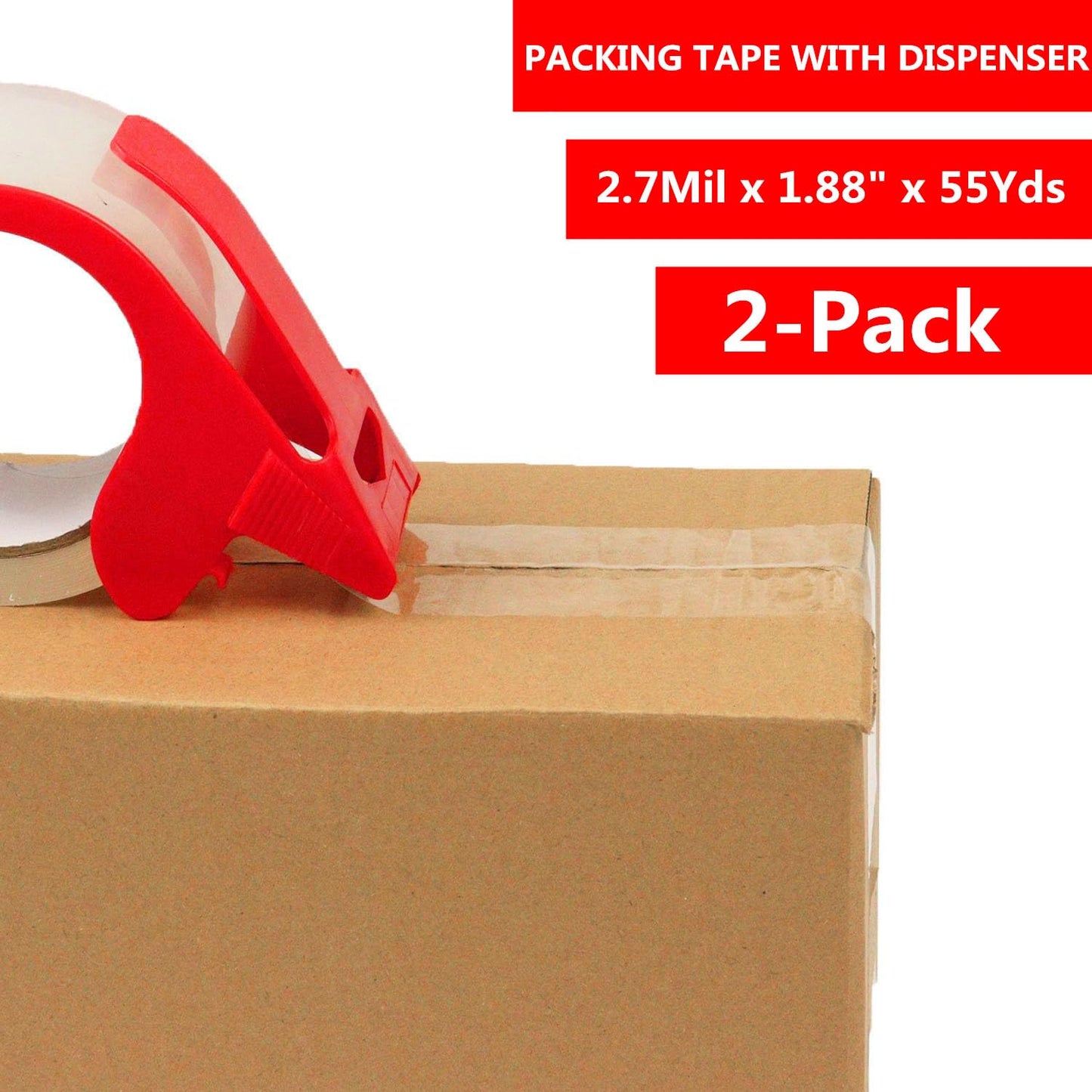 2-Pack Clear Packing Tape with Dispenser-2.7mil x 1.88" x 55Y Heavy Duty Packing Tape for Moving Boxes-Moving Tape Strong Adhesive Packaging Tape.