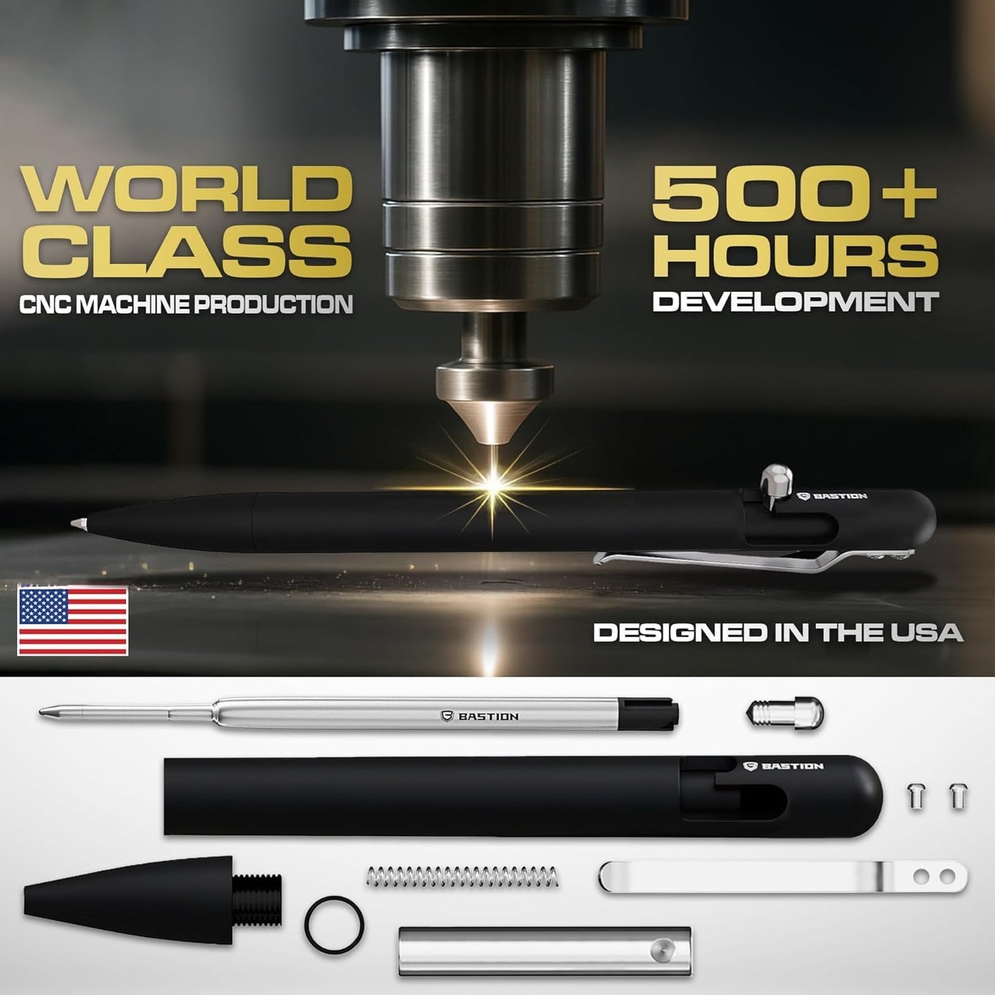 BASTION® Luxury Slim Bolt Action Pen, Lightweight Aluminum EDC Pen with Fine Tip, Professional Ballpoint Pen for School and Work - Black