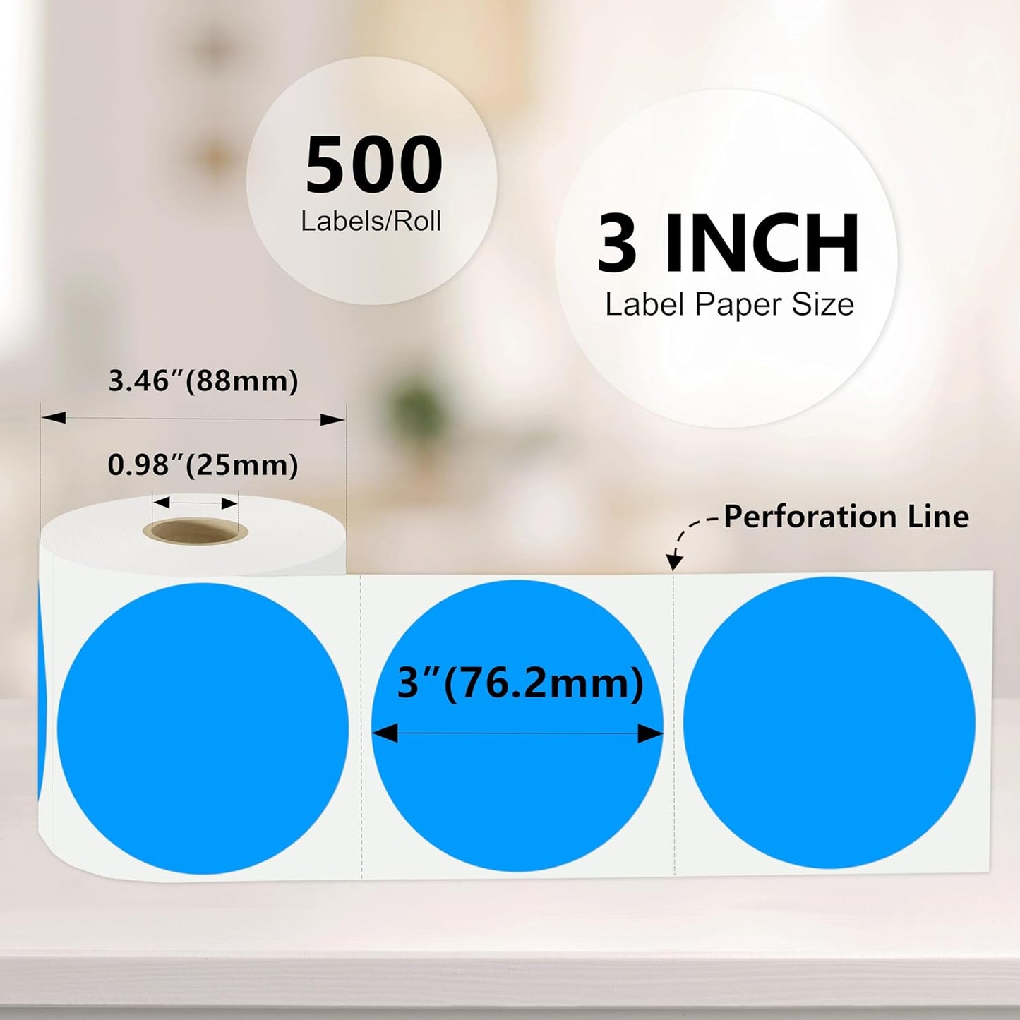 3 X 3 Inch Color Coding Dot Labels Circle Thermal Printable Waterproof 500 Pcs Round Stickers Adhesive Writable for Office, Home, Garage, DIY Sticker, Barcodes, Name Tag, Fluorescent Blue