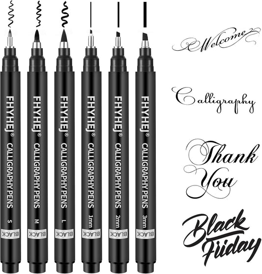 6-Size Calligraphy Pen Set for Writing, Drawing & Hand Lettering, Black Ink Brush Markers for Art, Calligraphy, and Sketching